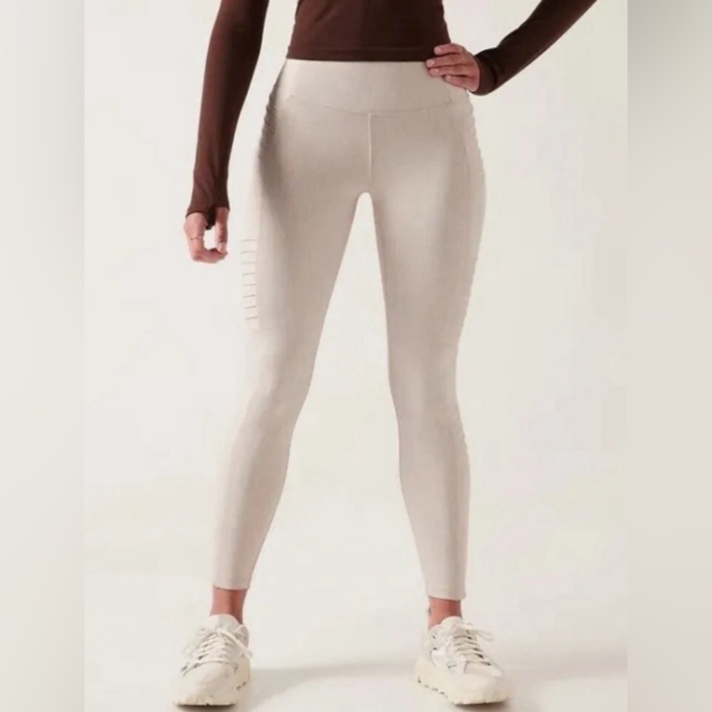 Athleta Delancey Taupe Cream Textured Moto‎ Zip Ankle Tight Leggings Size L